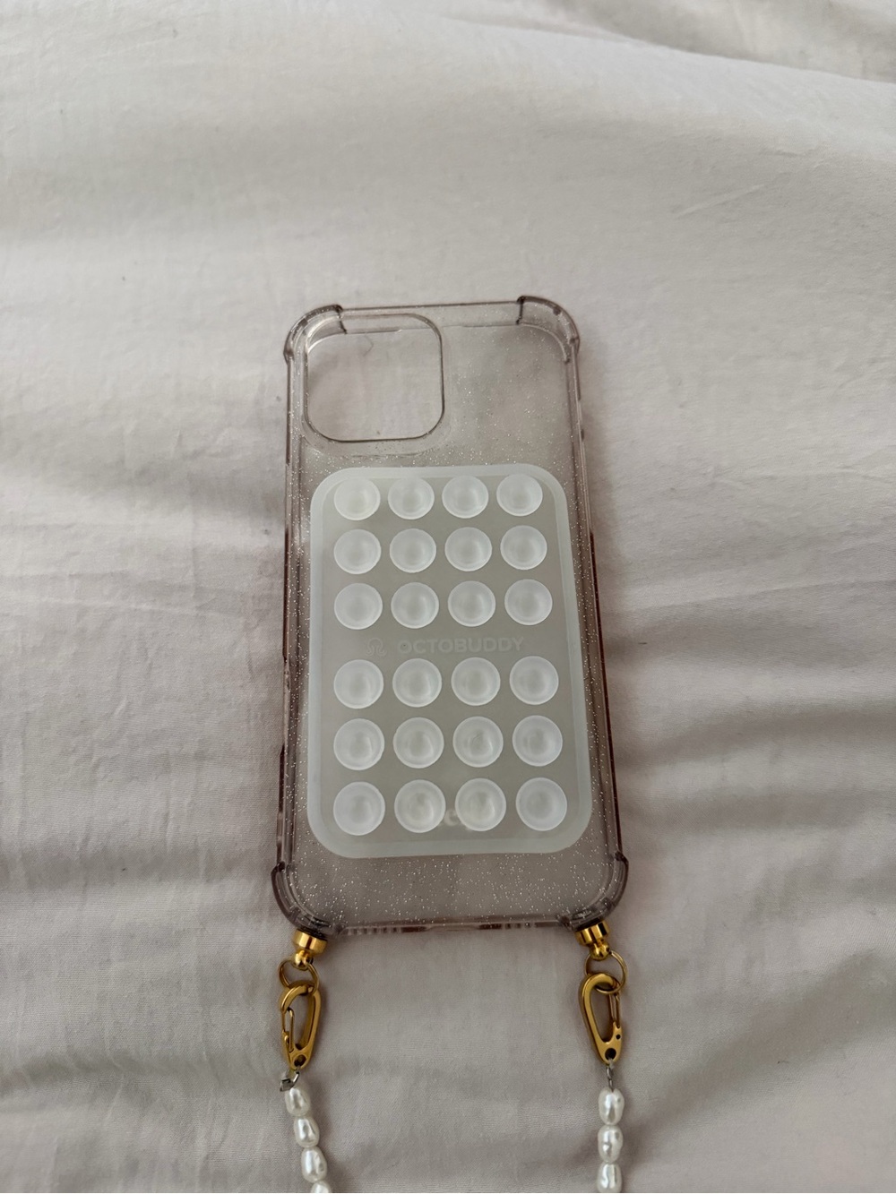 Clear Glitter Phone Case with White Bubble Pop Grip and Pearl Strap